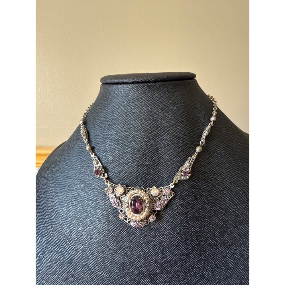 Stunning Silver tone Filigree Amethyst Glass, Enamel Necklace Victorian  Purple